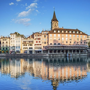 Limmat Prints: St Peter Church and Town Hall on Limmat River, Zurich, Switzerland