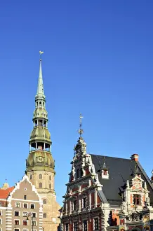Hanseatic City Prints: St. Peters Church built in 1209 and the museum of the Brotherhood of Blackheads house