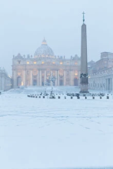 St. Peters Square and the Basilica during the great snowfall of Rome in 2018 Europe