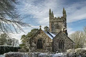 St Petrocs Church in the village of Lydford on a snowy winter morning, Dartmoor