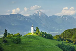 Jamnik Prints: St. Primoz Church with Kamnik-Savinja Alps, Jamnik, Gorenjska, Slovenia, Europe
