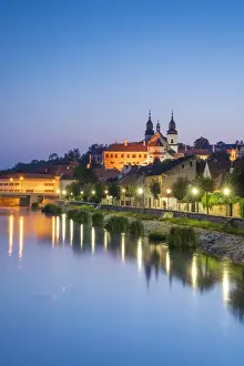 Illumination Prints: St. Procopius Basilica and waterfront by Jihlava river at night, UNESCO, Trebic