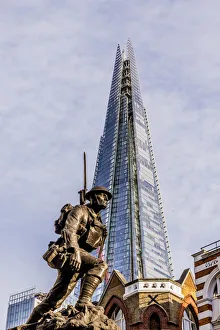 Tall Buildings Prints: St Saviours War Memorial, statue and The Shard, London, England