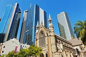 Brisbane Prints: St Stephens Cathedral dwarfed by glass skyscrapers, Brisbane, Queensland, Australia