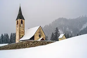 Braies Prints: St. Veit church (Chiesa di San Vito) in a scenic snowy landscape