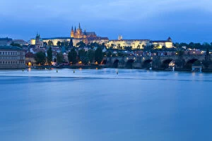St. Vitus Cathedral, Charles Bridge and the Castle District illuminated at night, Prague