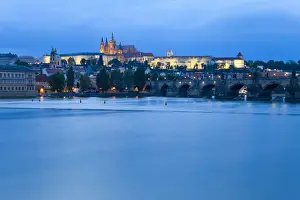 Prague Prints: St. Vitus Cathedral, Charles Bridge and the Castle District illuminated at night, Prague