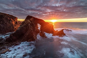 Stac a Phris natural arch at sunset, Isle of Lewis, Outer Hebrides, Scotland
