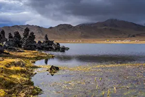 White Lake Prints: Stacked Stones at White Lake, Khorgo Terkhiin Tsagaan Nuur National Park, Mongolia