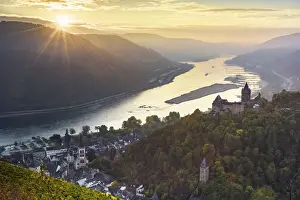 Sunbeams Prints: Stahleck castle with river Rhine and wine village Bacharach, Rhineland-Palatinate