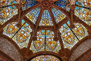 Stained Glass Prints: Stained glass ceiling inside Hospital de la Santa Creu i Sant Pau