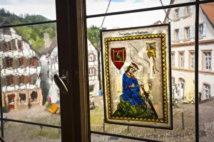 Stained Glass Window in Historic Pharmacy, Altstad (Old Town), Shiltach, Baden-Wurttemberg Stained Glass Window in Historic Pharmacy, Altstad (Old Town), Shiltach, Baden-Wurttemberg