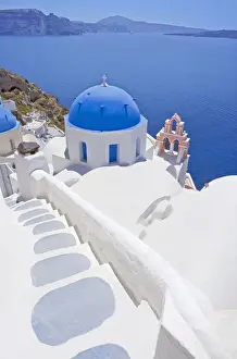 Steps Prints: Staircase leading to blue domed church overlooking ocean, Oia, Santorini, Cyclades