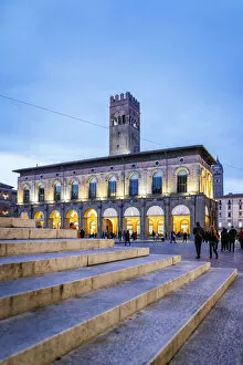 Stairways and buildings in Piazza Maggiore, Bologna, Emilia Romagna, Italy