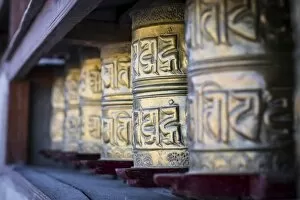 Stakna Monastery, Ladakh, North India, Asia. Buddhist prayer wheels