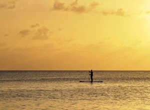 Images Dated 5th May 2020: Stand up paddle along Seven Mile Beach at sunset, George Town, Grand Cayman