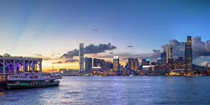 Panorama Prints: Star Ferry at Wan Chai Pier and Kowloon skyline at sunset, Hong Kong
