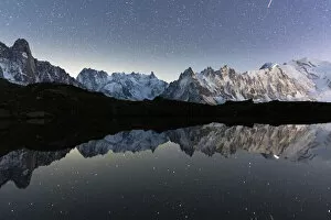 Haute Savoie Gallery: Starry night sky over Mont Blanc, Grand Jorasses and Aiguille Vert reflected in Lacs de Cheserys