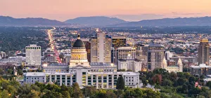 Government Prints: State Capital building and skyline of Salt Lake City, Utah, USA