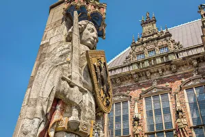 Roland Statue Prints: Statue of Bremer Roland in front of the town hall on the market square, Bremen, Germany
