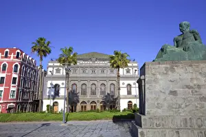 Concert Hall Prints: Statue of Canarian Novelist Benito Perez Galdos with Perez Galdos Theatre in
