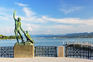 Lake Zurich Prints: Statue at Lake Zurich, Zurich, Switzerland