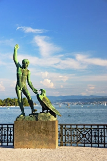 Lake Zurich Prints: Statue at Lake Zurich, Zurich, Switzerland