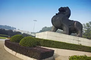 Jiangsu Prints: Statue of lion outside Zhongshan Men (Zhongshan Gate) of old city wall, Nanjing, Jiangsu