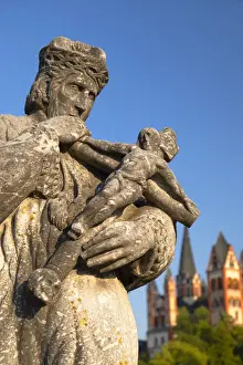 Traditional Building Prints: Statue on Old Lahn Bridge (Alte Lahnbrucke) and Cathedral (Dom), Limburg, Hesse, Germany