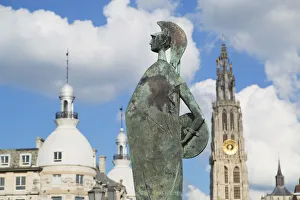 Antwerpen Prints: Statue and Onze-Lieve -Vrouwe Cathedral, Antwerp, Flanders, Belgium
