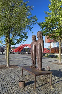 Parc Prints: Statue in park and Python Bridge, Zeeburg, Amsterdam, Noord Holland, Netherlands