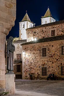 Caceres Prints: Statue of San Pedro de Alcantara outside the Cathedral, Caceres, Extremadura, Spain