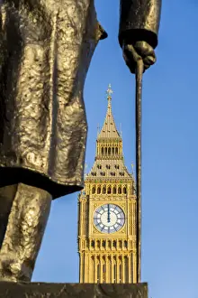 Clock Prints: Statue of Winston Churchill, a former British Prime Minister and Big Ben