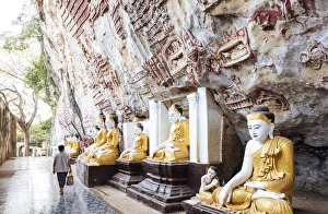 Kayin Prints: Statues of Buddha, Kaw Gon Cave, Hpa-an, Kayin State. Myanmar, Asia