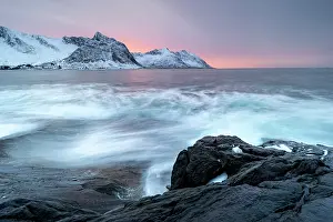 Tungeneset Prints: Steinfjord and snow-covered mountains at sunset in winter
