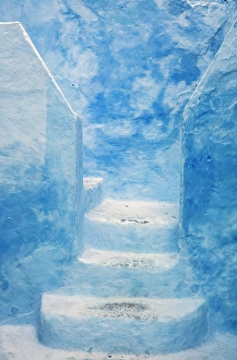 Chefchaouen Prints: Steps and wall painted blue, Chefchaouen, Rif Mountain, Morocco
