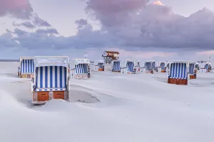 Beach Chair Prints: Stilt house and hooded beach chairs at beach, Sankt Peter-Ording, North Sea, North Frisia