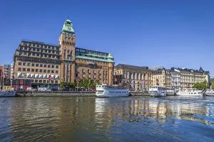 Ships Prints: Stockholm harbor with historic hotel and ferries, Sweden