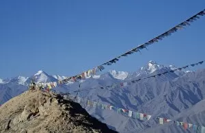 Images Dated 10th March 2009: Stok Mountains and prayer flags viewed from Leh
