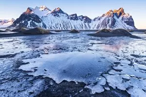 Images Dated 23rd February 2016: Stokksnes, Eastern Iceland, Europe. Vestrahorn mountain in a frozen winter landscape