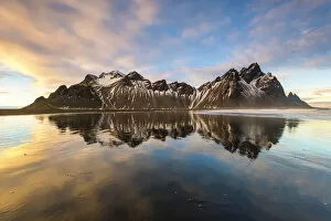 Images Dated 31st March 2017: Stokksnes, Hofn, East Iceland, Iceland. Vestrahorn mountain reflected on the shore