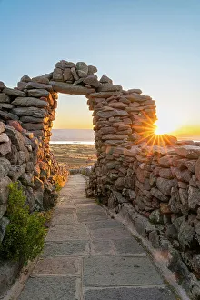 Walkways Prints: Stone arch on Amantani Island at sunset, Lake Titicaca, Puno Province, Puno Region, Peru