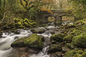 Stone bridge spanning the River Plym in Dartmoor National Park, Devon, England. Autumn