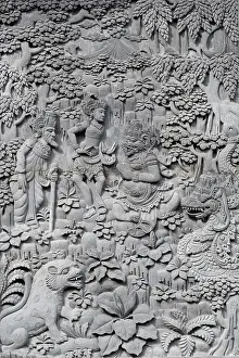 Stone Carving Prints: Stone carving in a temple in Ubud, Bali, Indonesia