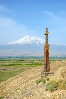 Crucifix Prints: Stone cross in front of Mount Ararat at Khor Virap monastery, near Lusarat, Ararat