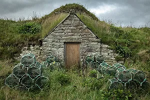 September Prints: Stone fisherman's hut and lobster pots in the village of Keiss