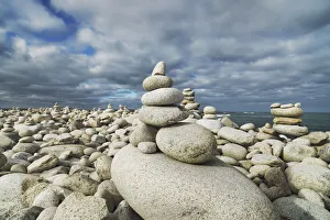 Pebble Prints: Stone heap at pebble beach - France, Brittany, Cote d Armor, Lannion, Perros-Guirec