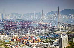 Commerce Prints: Stonecutters Bridge & container port with Hong Kong Island in background, Hong Kong