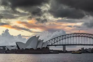 Sydney Prints: Storm clouds over Sydney Opera House and Sydney Harbour Bridge at sunset, Sydney