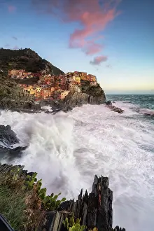 Typical House Prints: Storm at sunset on the cliff of the village of Manarola